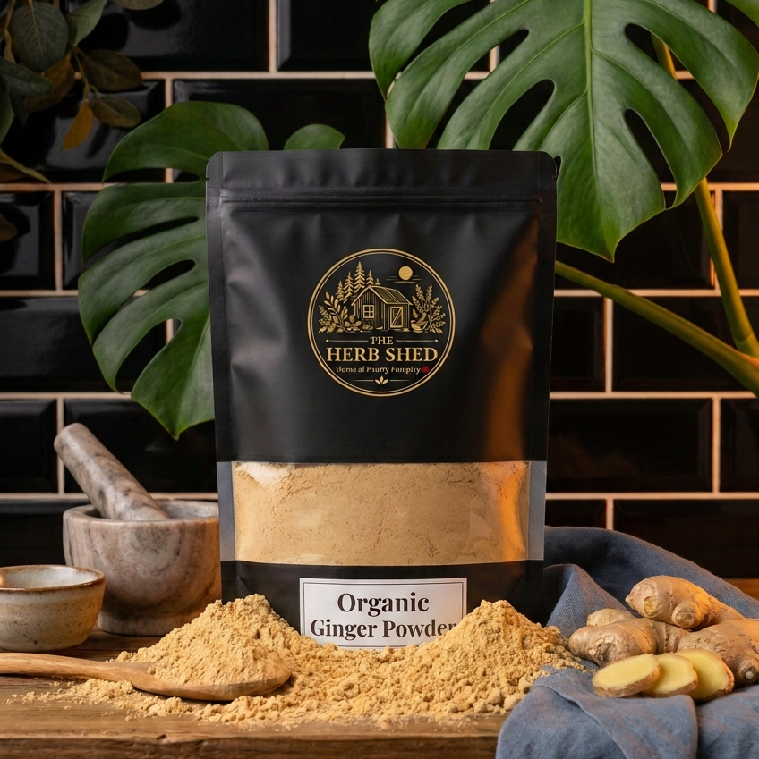 A black stand-up pouch of Herb Shed Organic Ginger Powder sits on a wooden surface with loose ginger powder spilled in front, ginger roots, a blue cloth, and large green monstera leaves against a dark tiled background.