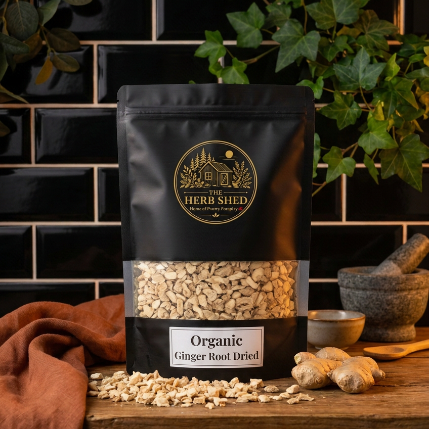 A black stand-up pouch of Herb Shed Organic Ginger Root Dried, displayed on a rustic wooden table with ginger roots, a small bowl, and scattered loose ginger pieces. The background features a glossy black subway tile wall with green ivy climbing up it.