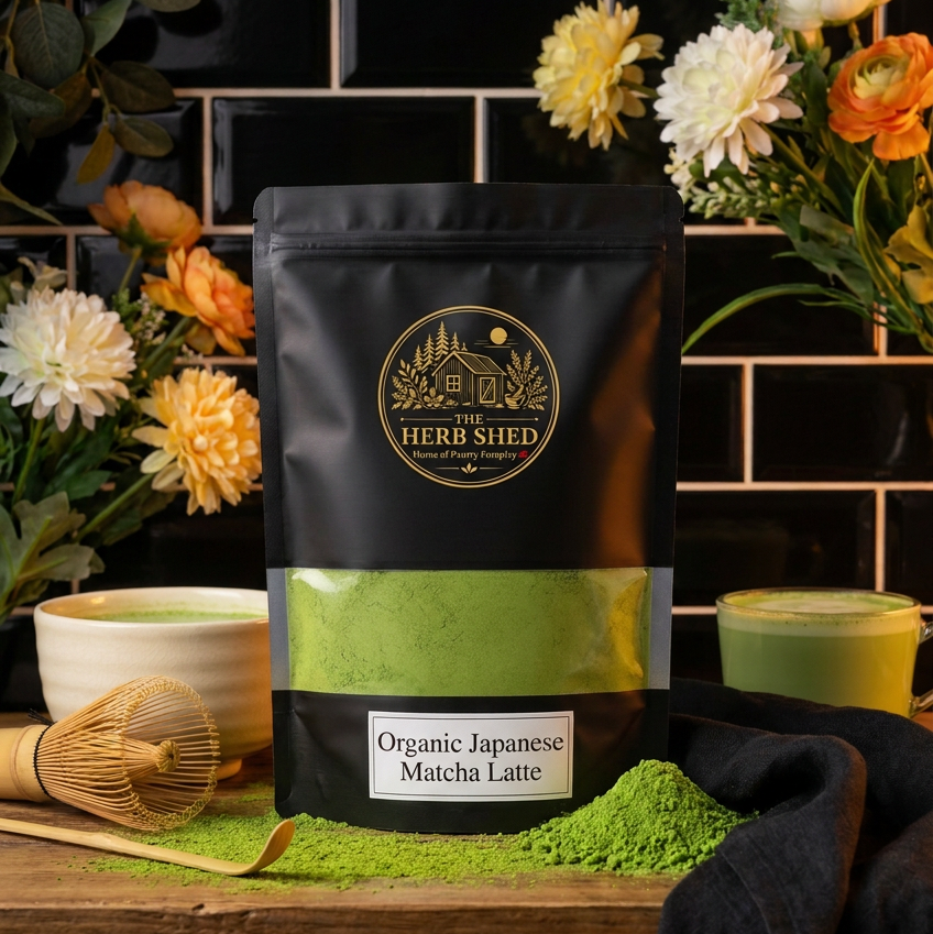 A black stand-up pouch of Herb Shed Organic Japanese Matcha Latte sits on a wooden surface with green matcha powder spilled in front. The pouch has a clear window showing bright green matcha inside, with a white label reading the product name.