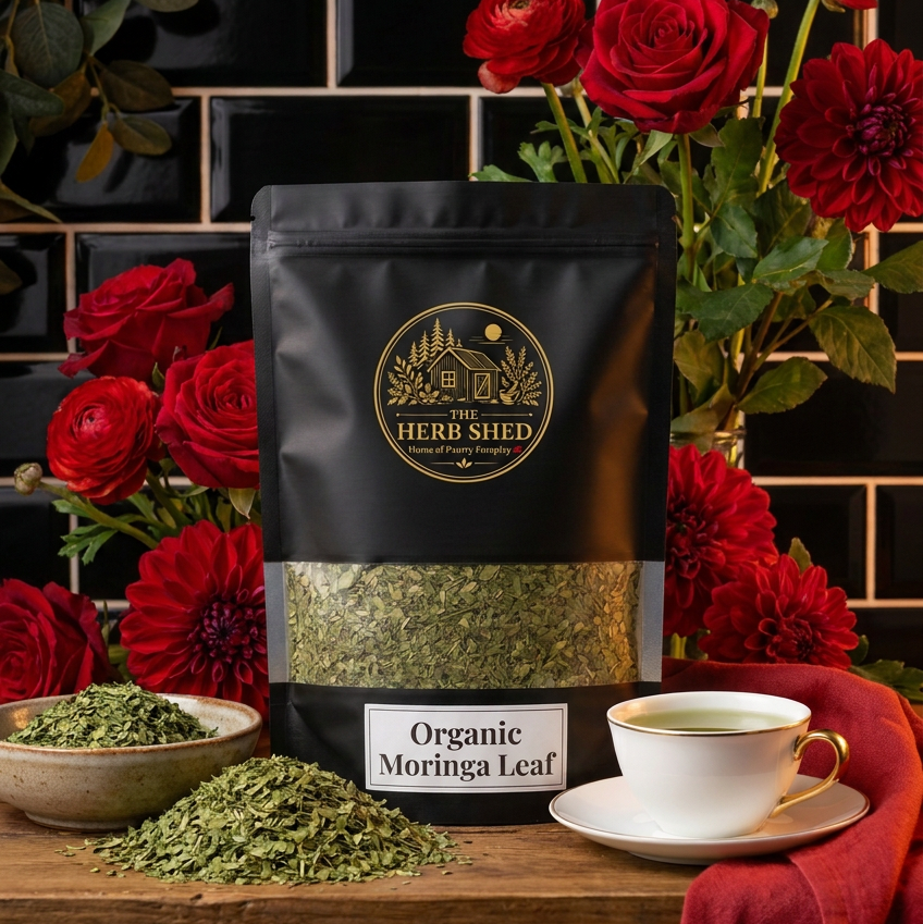 A black stand-up pouch of Herb Shed Organic Moringa Leaf tea is displayed on a wooden table, surrounded by red roses, a bowl of loose green leaves, and a white teacup against a black tiled background.