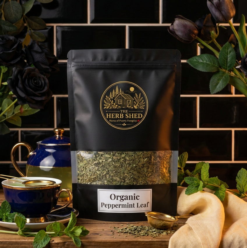 A black stand-up pouch of Herb Shed Organic Peppermint Leaf tea is displayed on a wooden surface against a black tiled wall, surrounded by a blue teapot, teacup, mint leaves, and a beige cloth.