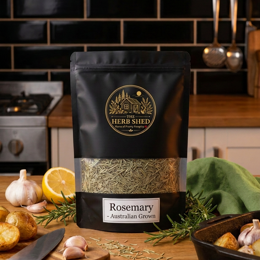 A black stand-up pouch of Herb Shed Rosemary Australian Grown seasoning stands on a wooden countertop in a kitchen setting, surrounded by garlic, a lemon half, potatoes, a knife, a wooden spoon, and a black skillet.
