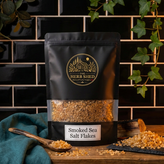 A black stand-up pouch of Herb Shed Smoked Sea Salt Flakes sits on a wooden surface against a black tiled wall, with green ivy hanging around it. A teal cloth and a wooden spoon with salt flakes are placed beside the pouch, and more salt flakes are scattered on a dark slate tray.