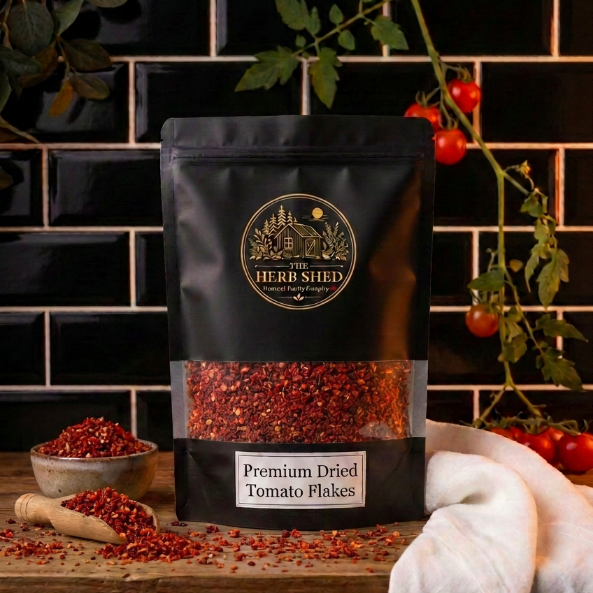 A black stand-up pouch of Herb Shed Premium Dried Tomato Flakes stands on a wooden surface against a black tiled wall, with loose red tomato flakes, a small bowl, a wooden scoop, and red tomatoes visible in the scene.