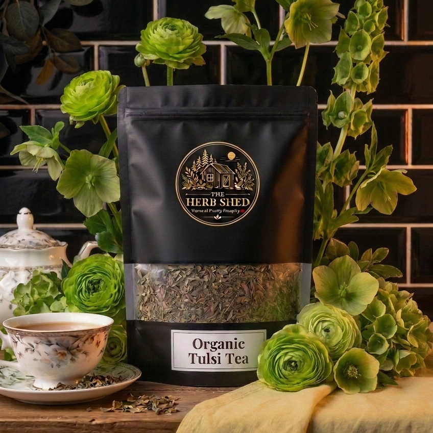 A black stand-up pouch of Herb Shed Organic Tulsi Tea is displayed on a wooden surface, surrounded by fresh green tulsi leaves and flowers, with a teacup and dark tiled background.