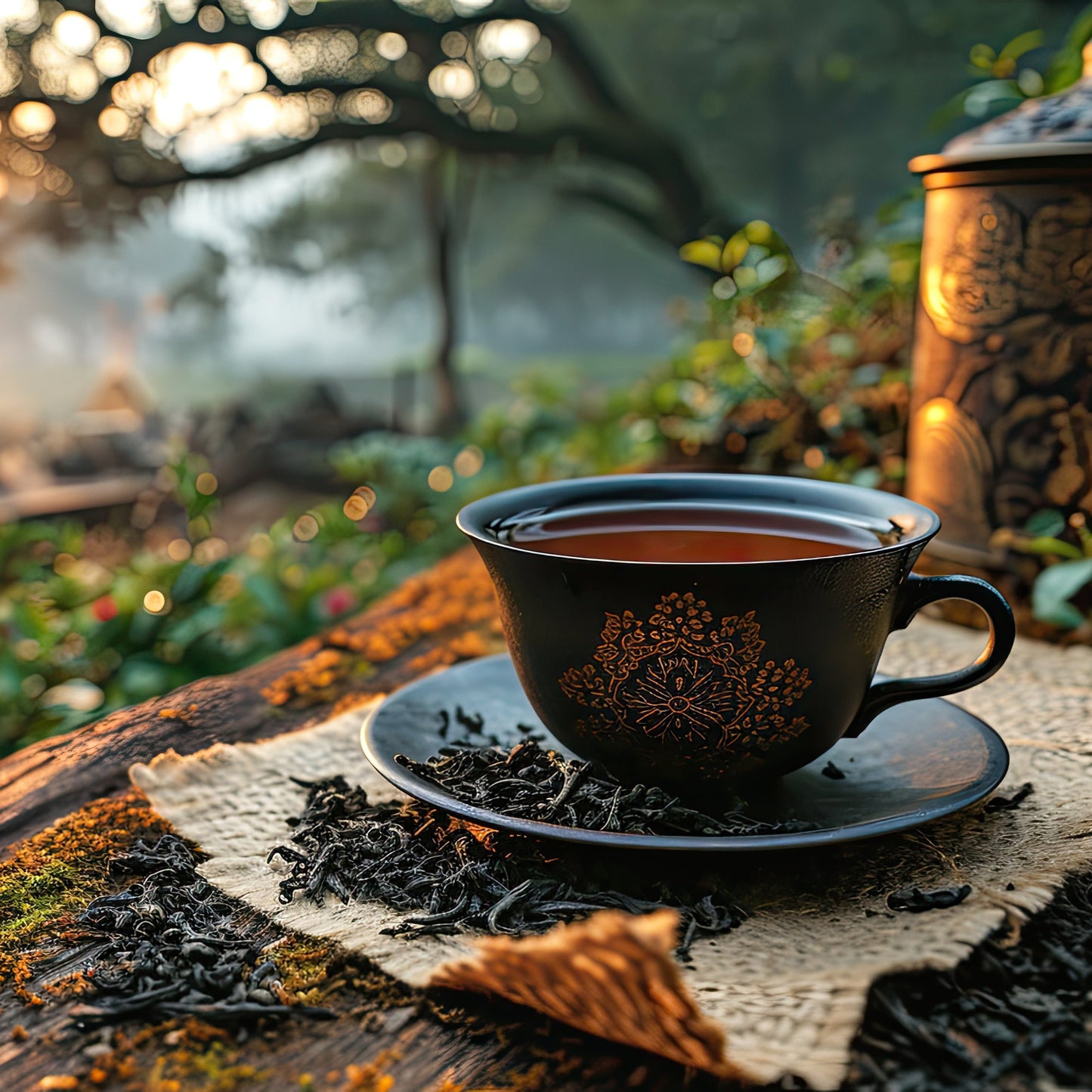 Brewed Organic African OP Broken Black Tea served in a dark teacup outdoors