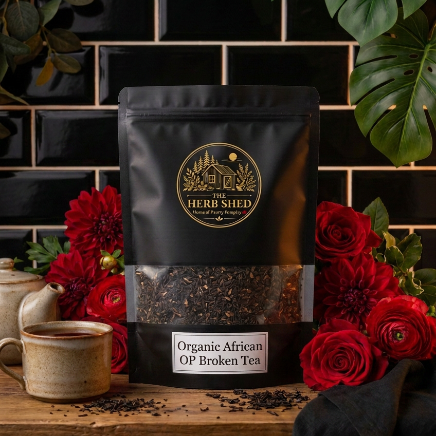 A black stand-up pouch of Heri Shid Organic African OP Broken Tea sits on a wooden surface, surrounded by red flowers, green leaves, a ceramic mug, and a dark tiled background.