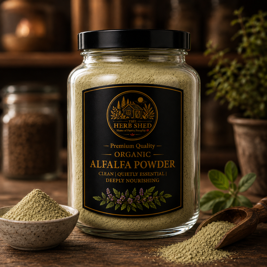 Alfalfa leaf powder jar from The Herb Shed Wollongong