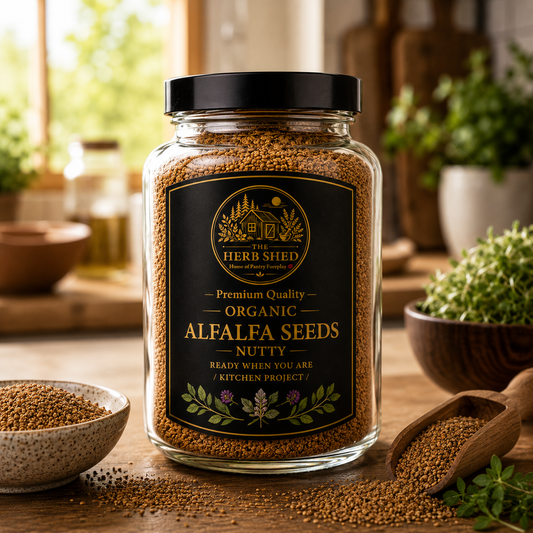 Organic alfalfa seeds jar from The Herb Shed Wollongong