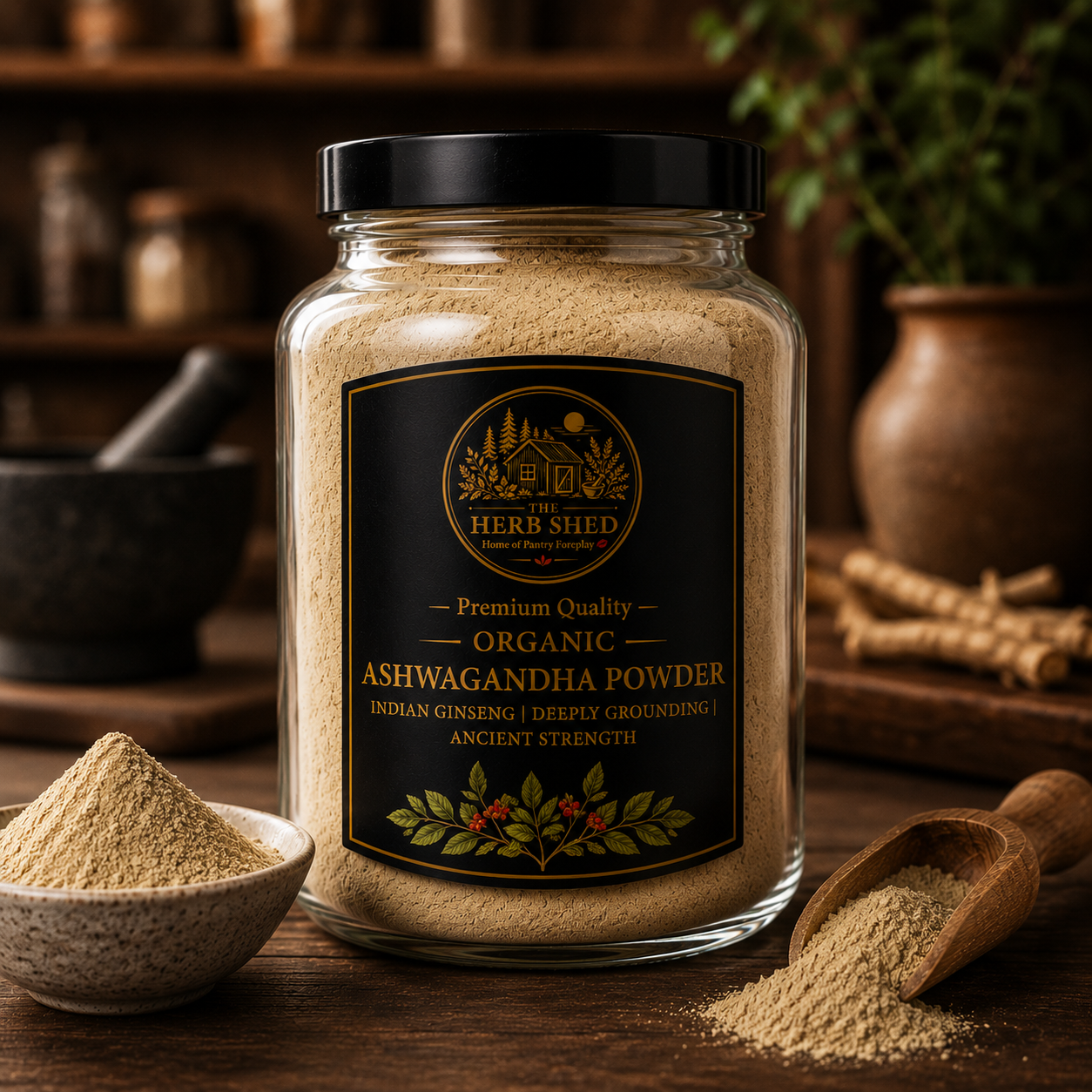 Organic ashwagandha powder jar from The Herb Shed Wollongong