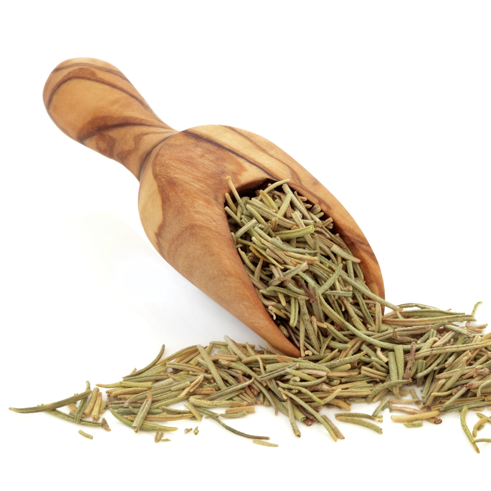 Dried rosemary herb pieces spilling from a wooden scoop with a striped wood handle, set against a plain white background.