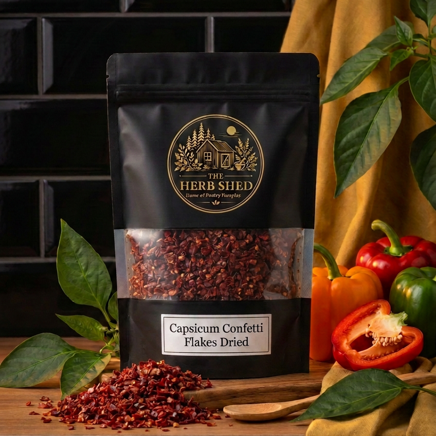 Capsicum Confetti Flakes dried capsicum in The Herb Shed pouch with fresh red, orange and green capsicums.