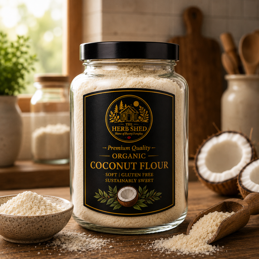 Organic coconut flour jar from The Herb Shed Wollongong