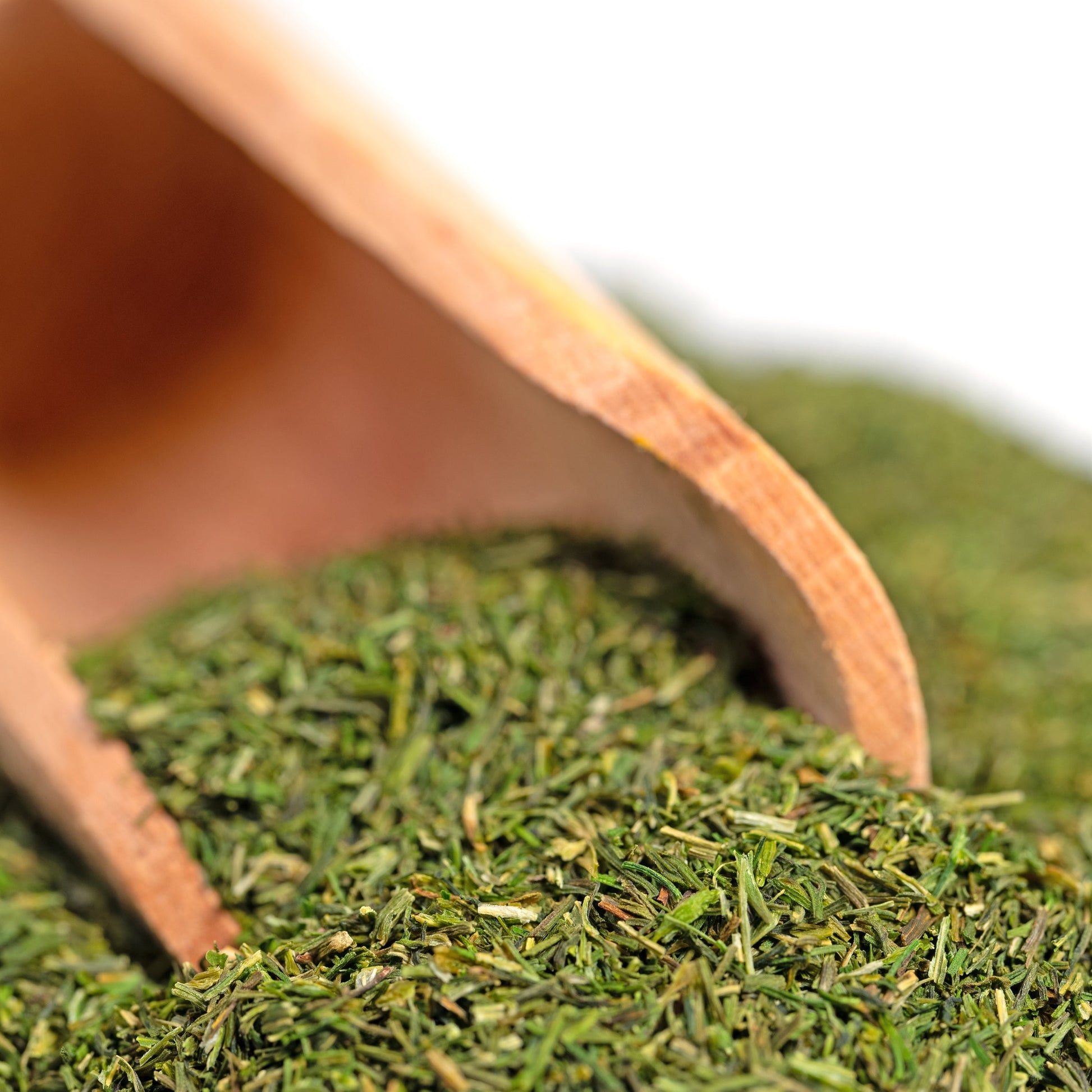 Wooden scoop filled with green tea leaves on a white background