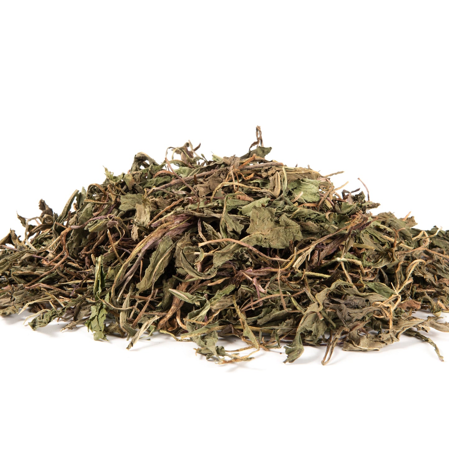 A small pile of dried, chopped green herbs or tea leaves with brown stems, photographed on a solid white background.