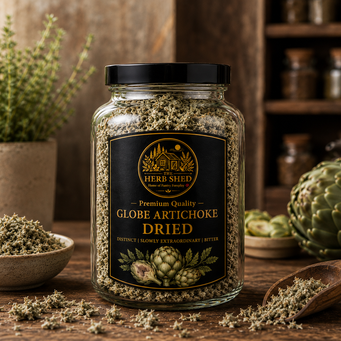 Dried globe artichoke jar from The Herb Shed Wollongong