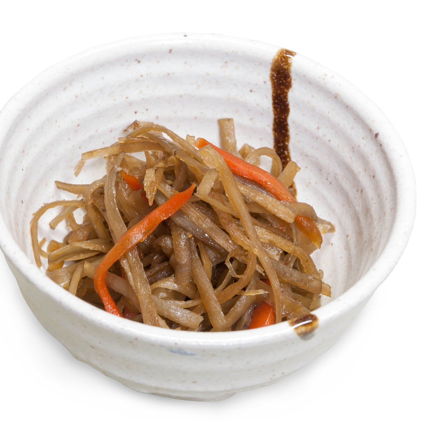 Cooked burdock root with sliced carrot served in a ceramic bowl