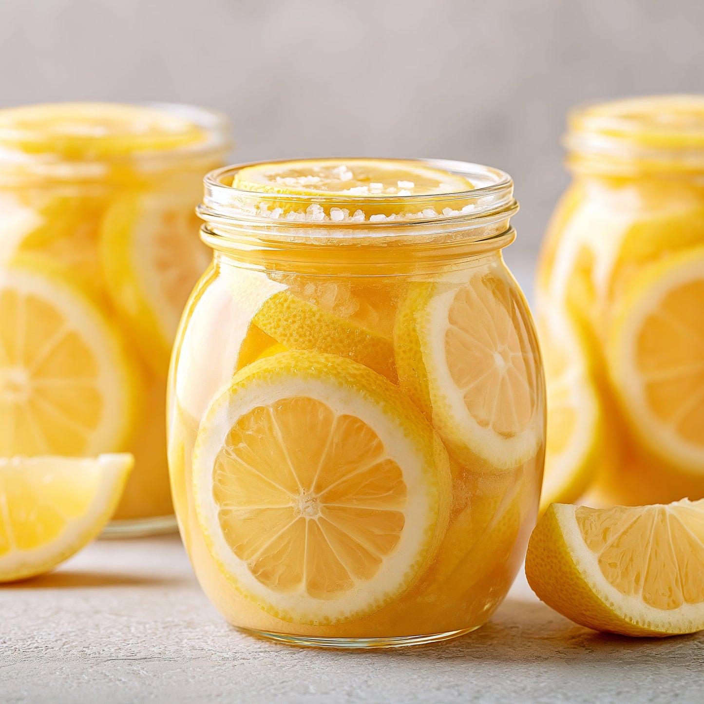 Three clear glass mason jars filled with sliced lemons and a yellow liquid, arranged on a light gray surface with two lemon wedges in front. The center jar is in sharp focus, while the rear jars are softly blurred.
