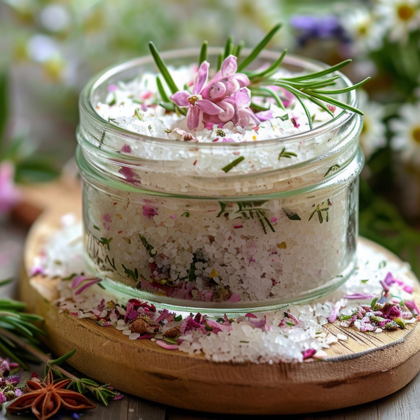 A clear glass jar filled with white bath salts topped with a pink flower and green rosemary sprigs, set on a round wooden board with scattered petals and herbs. The background is softly blurred with white daisies and pink flowers on a light wooden surface.