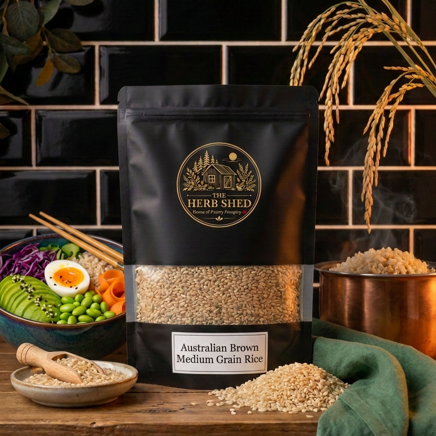 A black stand-up pouch of Australian Brown Medium Grain Rice displayed on a rustic wooden surface with scattered rice grains, rice stalks, a colourful rice dish and green fabric against dark kitchen tiles, from The Herb Shed Wollongong Australia.