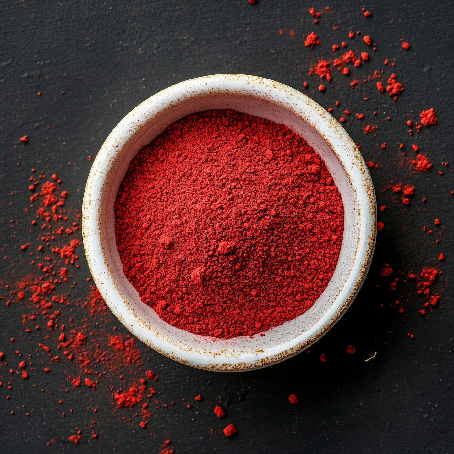 Finely ground beetroot powder fills a small white bowl on a dark surface, showing its vivid deep red colour and fine powdered texture.