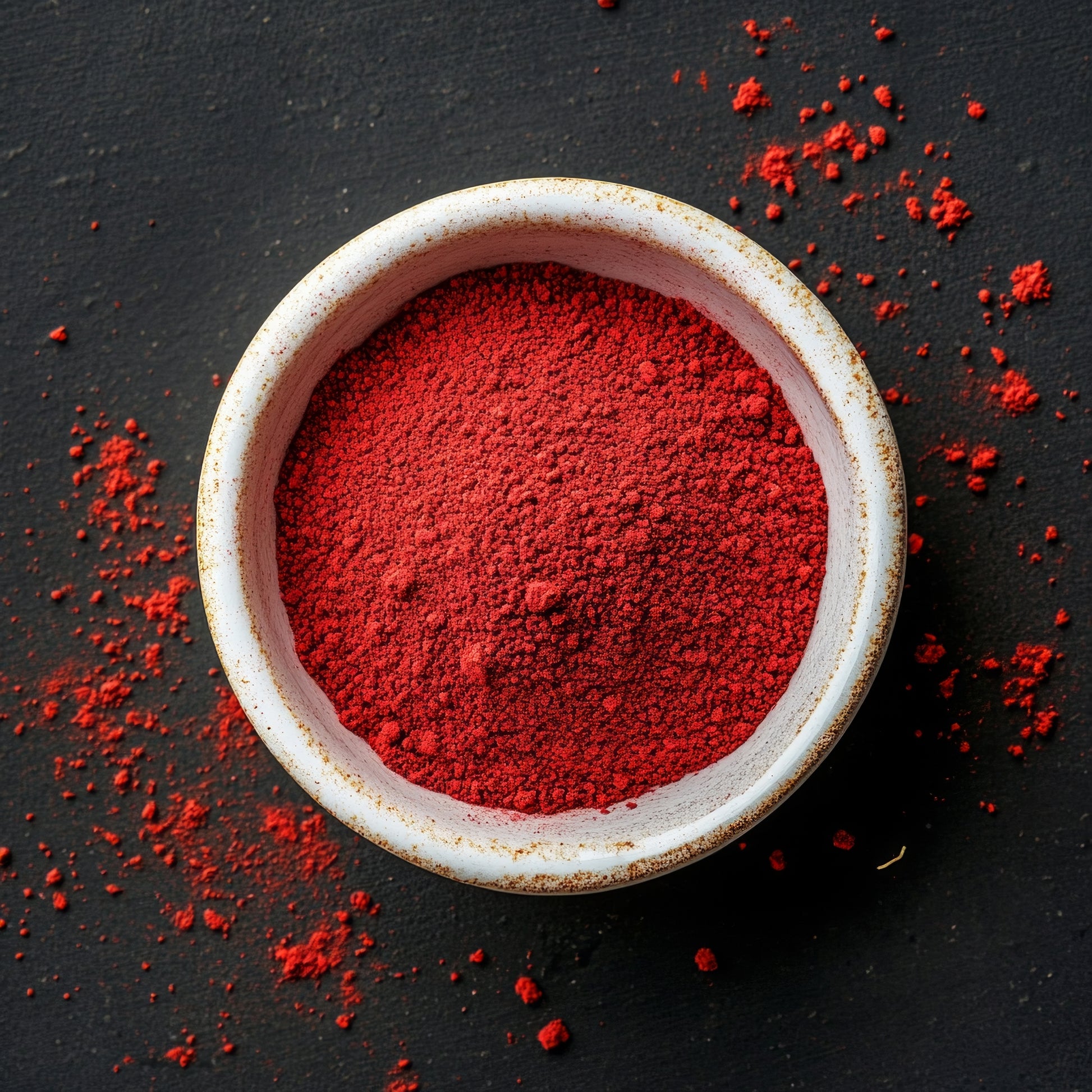 Finely ground beetroot powder fills a small white bowl on a dark surface, showing its vivid deep red colour and fine powdered texture.