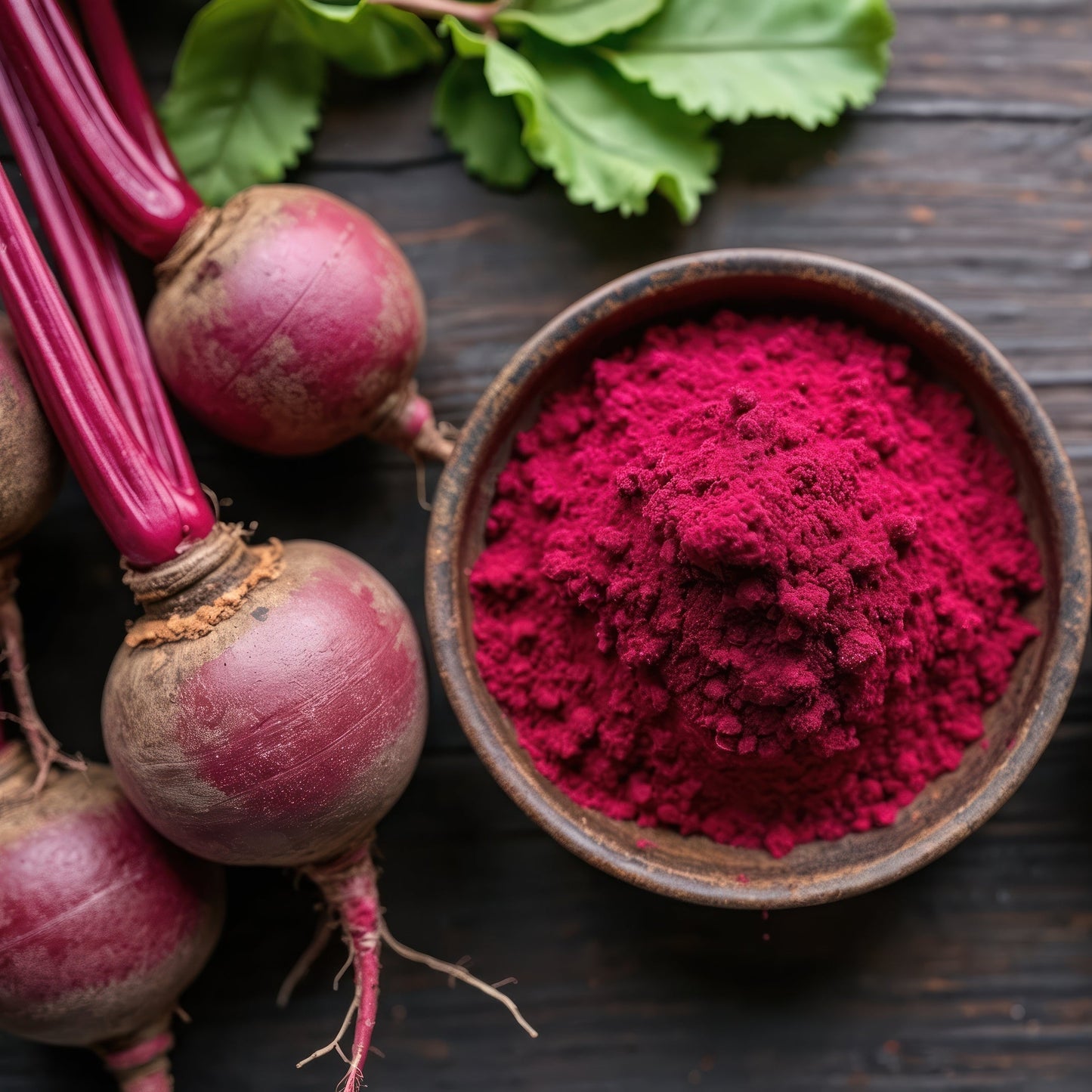 Deep red beetroot powder fills a dark bowl surrounded by fresh whole beetroot with green leaves, showing the vivid colour and fine texture of the powder.