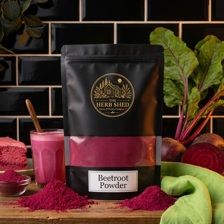 A black stand-up pouch of The Herb Shed Beetroot Powder sits on a rustic surface with loose deep red beetroot powder, dried botanicals and earthy-toned pottery in the background.