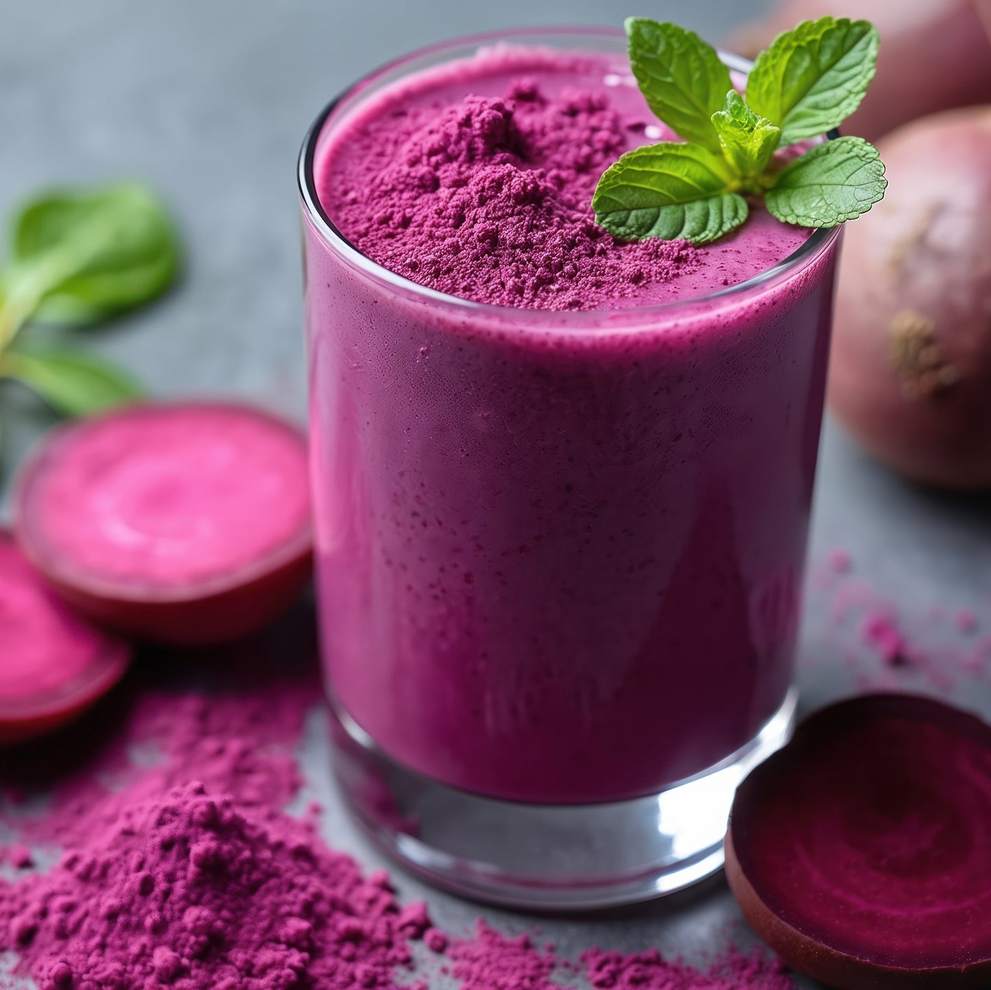 A vibrant purple beetroot smoothie is served in a glass and garnished with fresh green leaves, with sliced beetroot arranged around it.