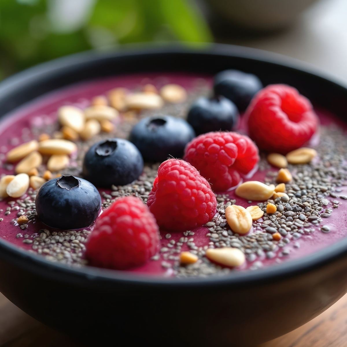 A colourful smoothie bowl topped with Black Chia Seeds, blueberries, raspberries and other toppings, showing chia seeds used as a finishing sprinkle.