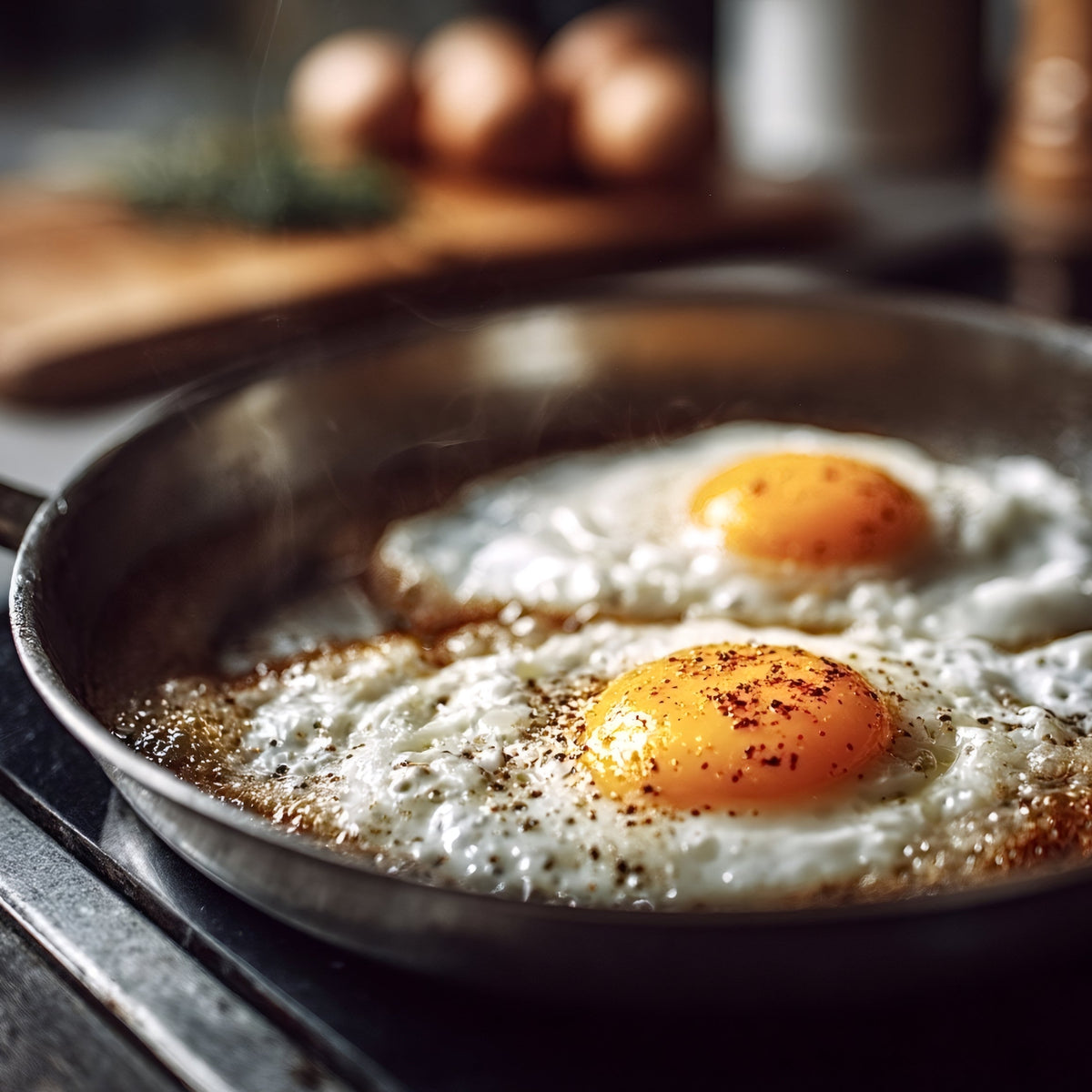 Fried eggs seasoned with ground black pepper cook in a pan, showing Black Pepper Ground used as an everyday savoury seasoning.