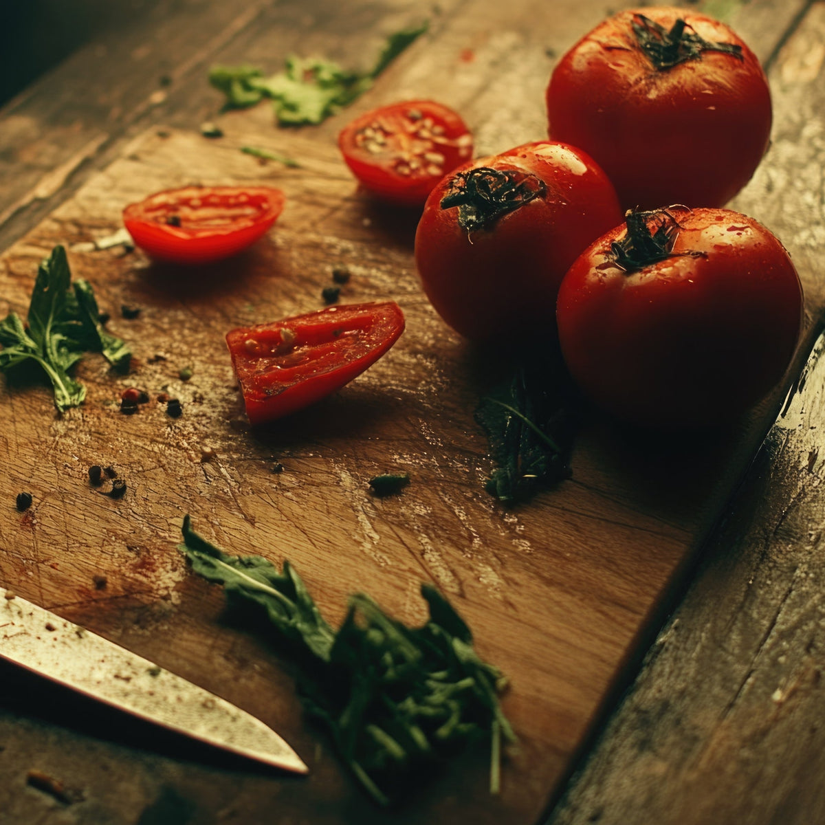 Tomatoes and herbs are seasoned with black pepper on a rustic wooden board, showing Black Peppercorns used in savoury cooking and seasoning.