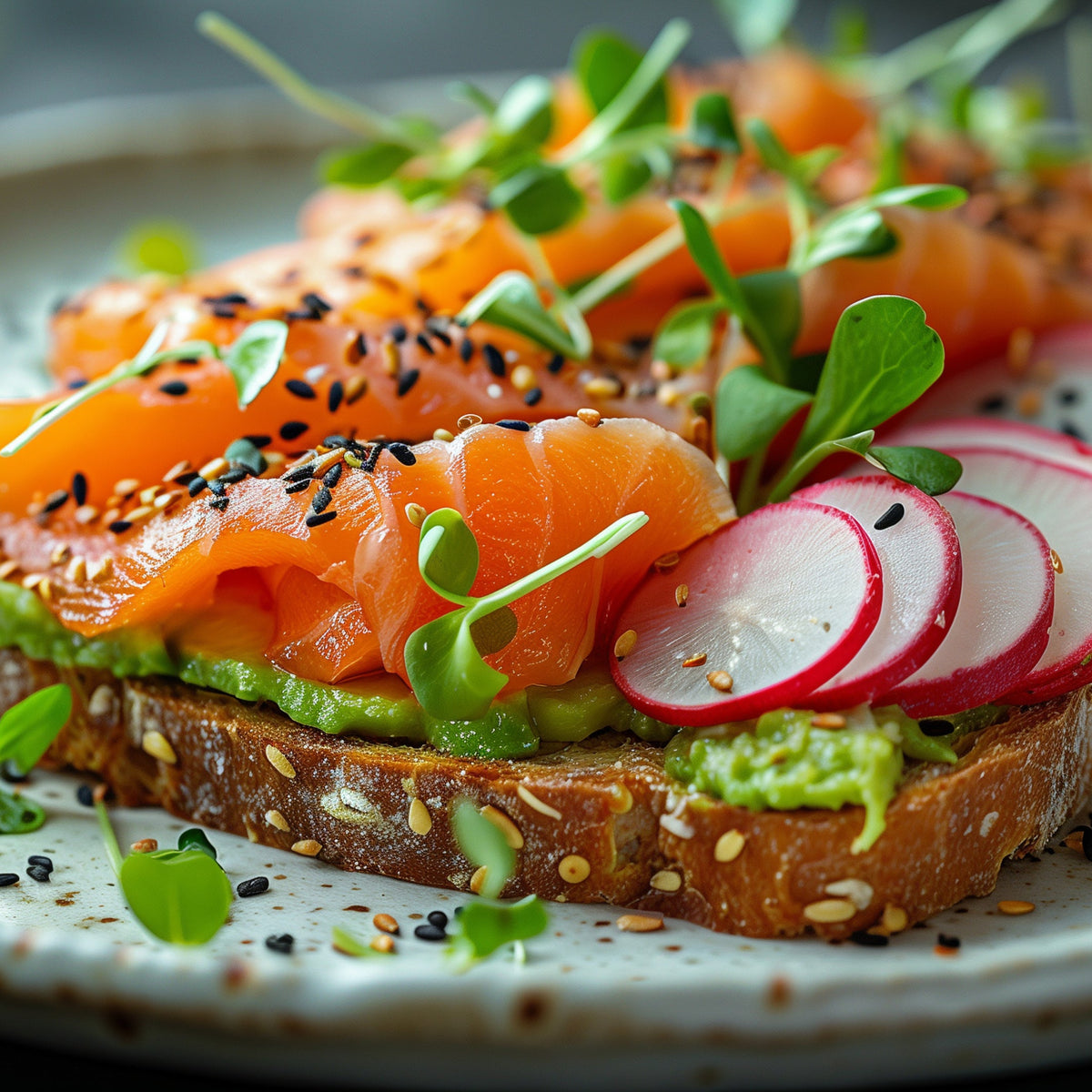 Avocado toast topped with salmon, sliced radish, fresh greens and Black Sesame Seeds, showing the seeds used as a finishing sprinkle on a savoury dish.