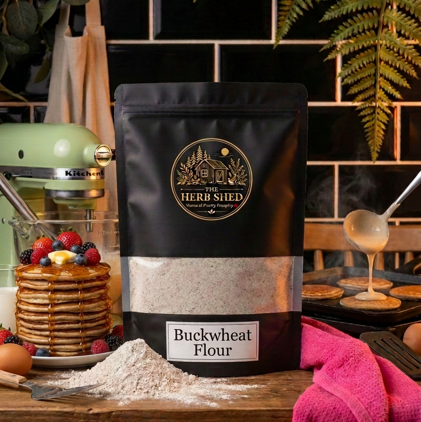 A black stand-up pouch of The Herb Shed Buckwheat Flour sits on a wooden surface with loose flour, pancakes, berries and baking ingredients, with a stand mixer, greenery and bright pink fabric against a black tiled background.