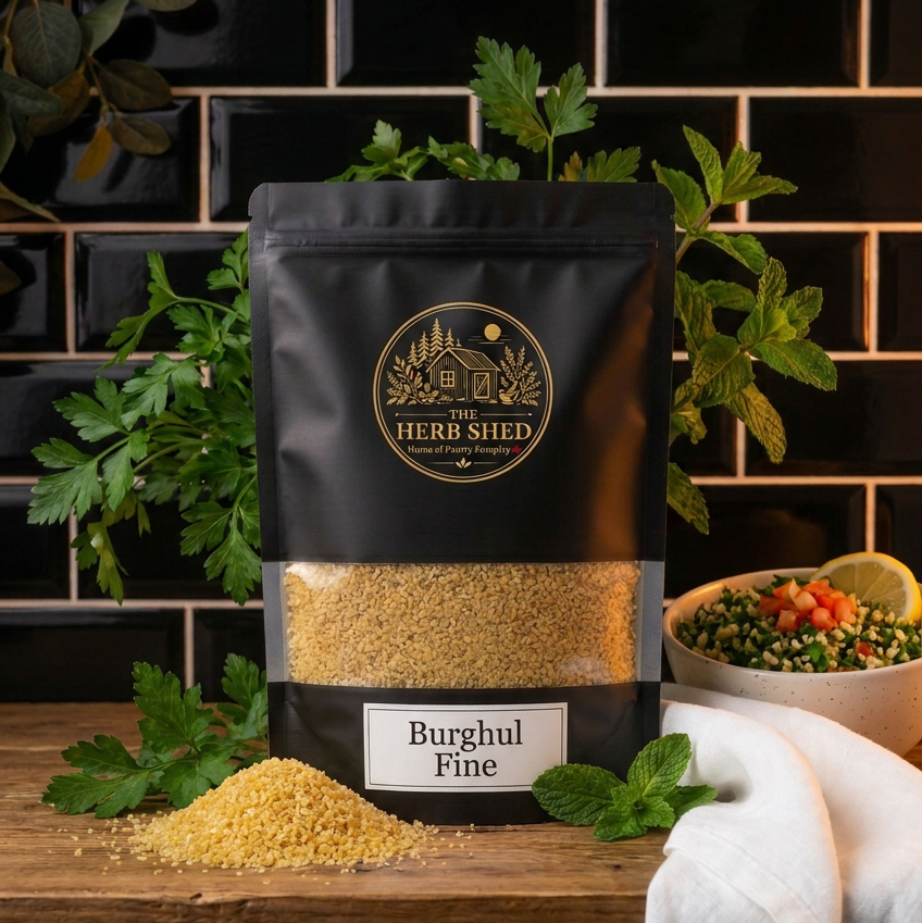 A black stand-up pouch of The Herb Shed Burghul Fine displayed on a rustic wooden surface, surrounded by golden grains, fresh parsley and a bowl of prepared salad in a dark kitchen setting, from The Herb Shed Wollongong Australia.