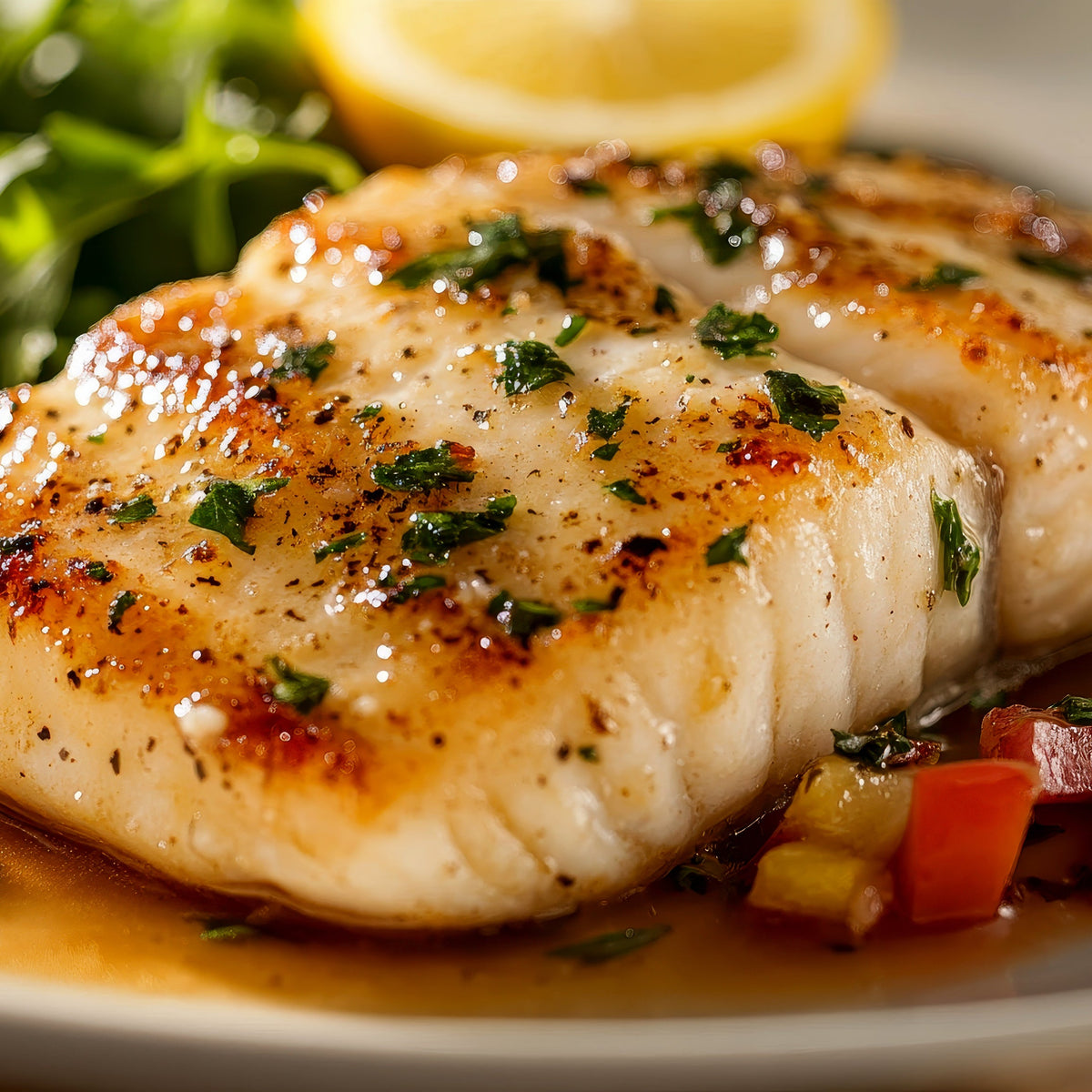 A cooked fish fillet seasoned with Cajun spices and herbs is served with vegetables and lemon, showing Cajun Spice Hand Blended used to season fish.
