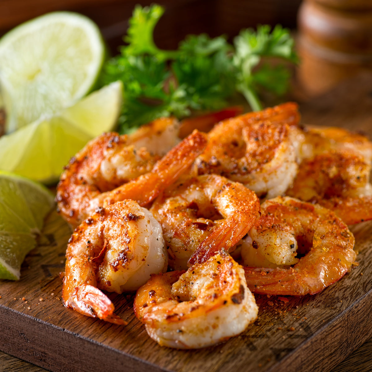 Cooked prawns coated in Cajun seasoning are served with fresh lime and herbs, showing Cajun Spice Hand Blended used to season seafood.