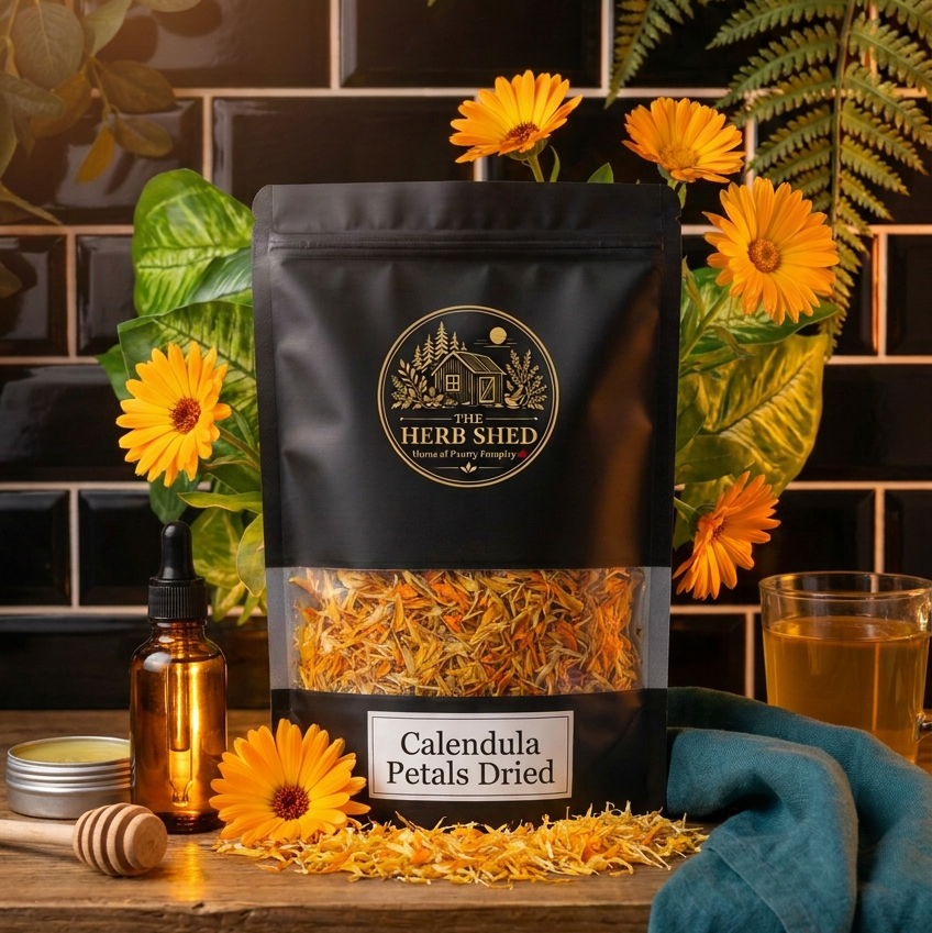 A black stand-up pouch of The Herb Shed Calendula Petals Dried sits on a wooden surface with loose dried calendula petals, fresh orange calendula flowers, a honey dipper, amber bottle and a cup of brewed calendula tea, surrounded by green foliage against a black tiled background with teal fabric.