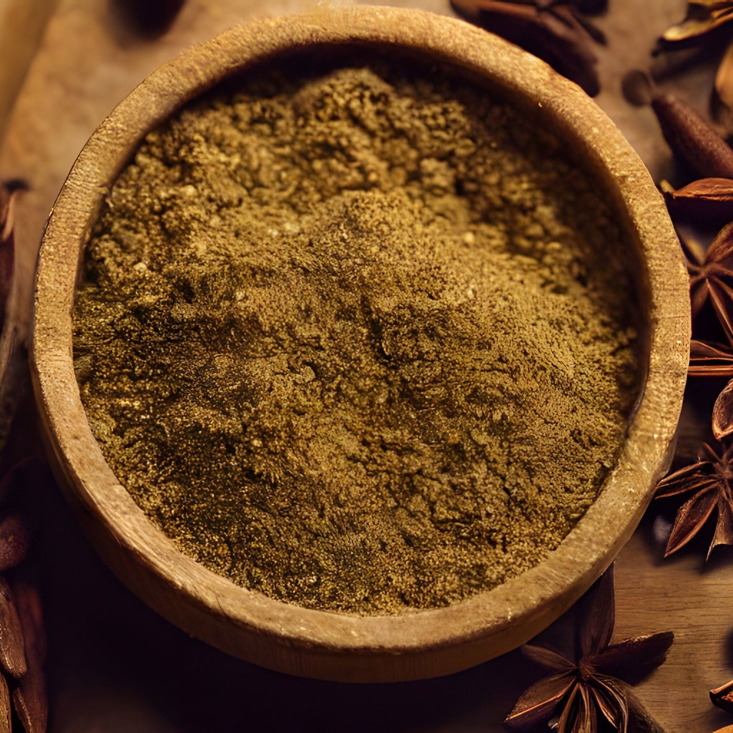 Finely ground celery powder fills a rustic wooden bowl, showing its fine texture and natural muted green-brown colouring.