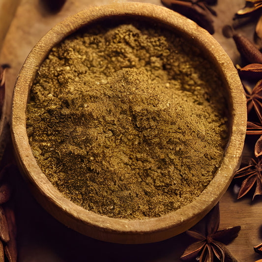 Finely ground celery powder fills a rustic wooden bowl, showing its fine texture and natural muted green-brown colouring.