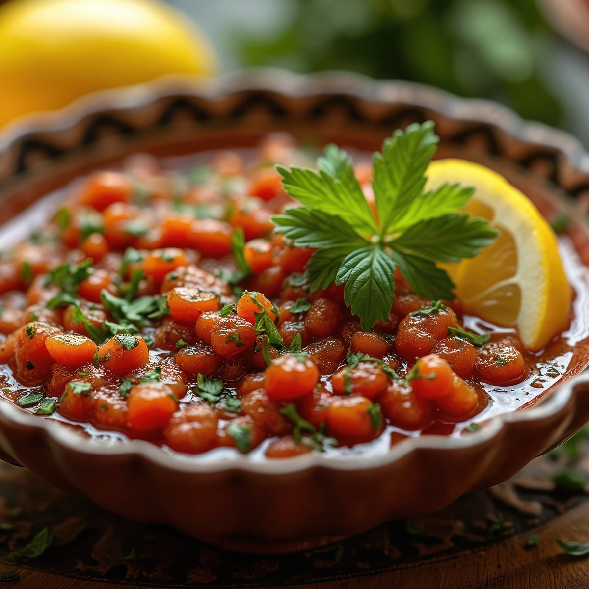 A bowl of vibrant Chermoula sauce made with herbs and spices is garnished with fresh mint and served with lemon, showing Chermoula Spice prepared as a flavourful sauce or marinade.