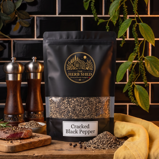 A black stand-up pouch of The Herb Shed Cracked Black Pepper displayed in a kitchen setting, Wollongong Australia.