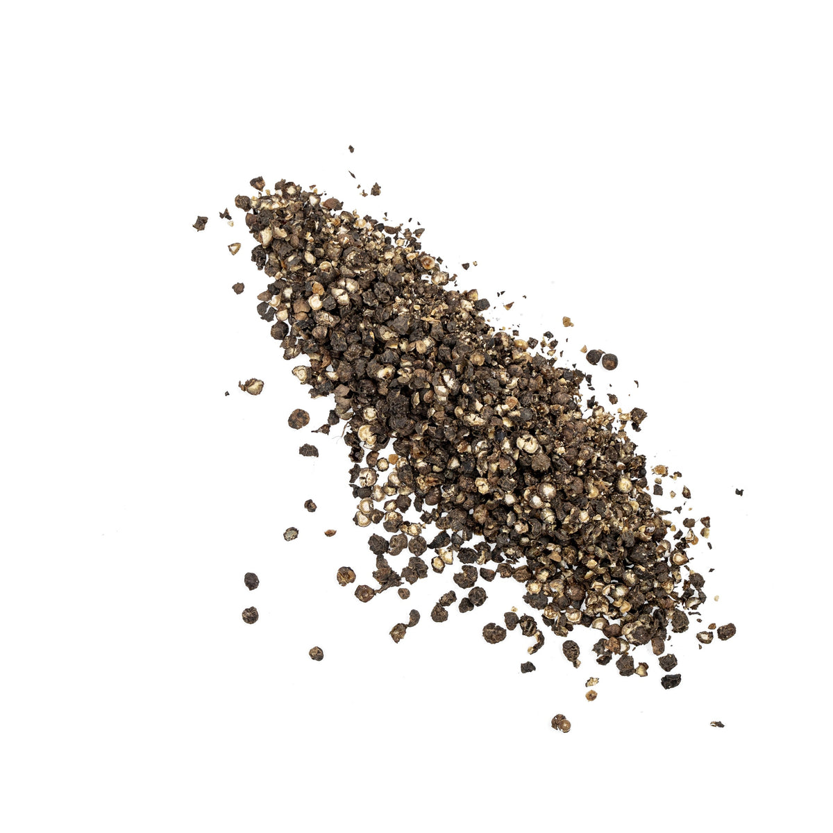 Cracked Black Pepper scattered on a white surface, from The Herb Shed Wollongong Australia.