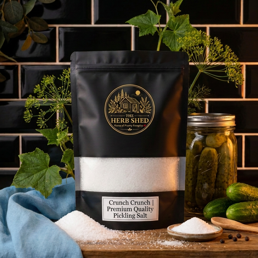 A black stand-up pouch of The Herb Shed Crunch Crunch Premium Quality Pickling Salt sits on a wooden surface with loose white pickling salt, fresh cucumbers, green herbs and a jar of pickles, against a black tiled background with soft blue fabric.