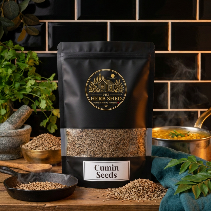 A black stand-up pouch of The Herb Shed Cumin Seeds sits on a wooden surface with loose cumin seeds, bowls, wooden spoons, fresh green herbs and a steaming dish, against a black tiled kitchen background.