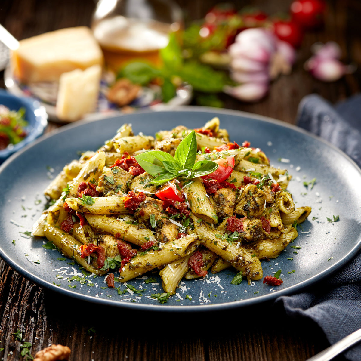 A plate of pasta tossed with basil, vegetables and seasoning, showing Dried Basil used to add herb flavour to a savoury pasta dish.