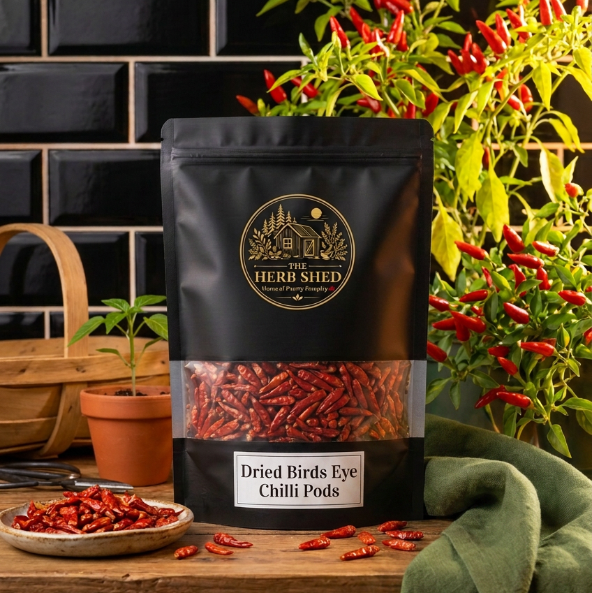 A black stand-up pouch of The Herb Shed Dried Birds Eye Chilli Pods sits on a wooden surface with loose dried red chillies and a small bowl, surrounded by chilli plants and green foliage against a black tiled background with soft green fabric.