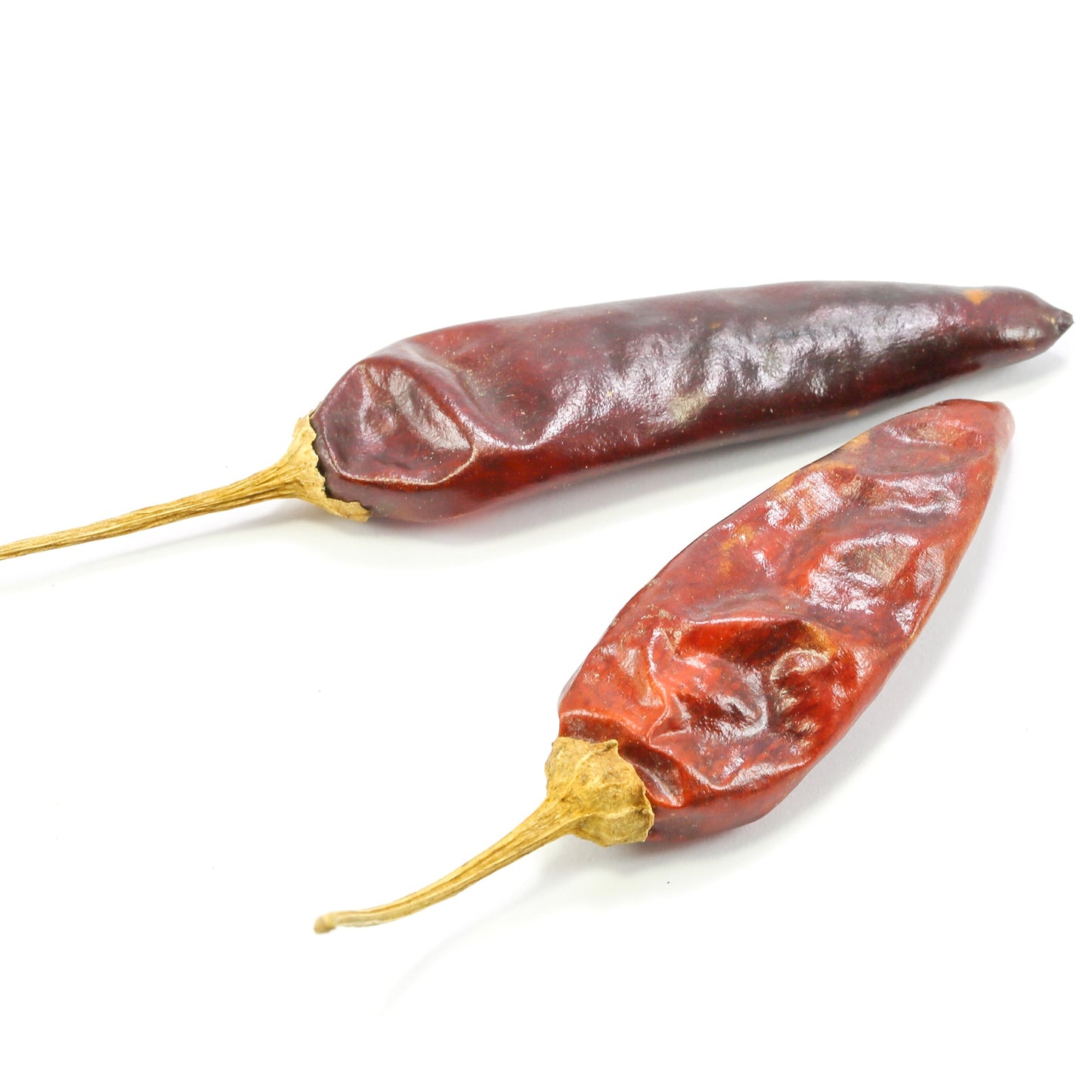 Two whole dried Birds Eye chilli pods sit against a white background, showing their small slender shape, pointed tips and wrinkled red-brown skin.
