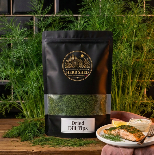 A black stand-up pouch of The Herb Shed Dried Dill Tips sits on a wooden surface surrounded by fresh green dill, with a cooked salmon fillet garnished with dill and lemon served beside the pouch.