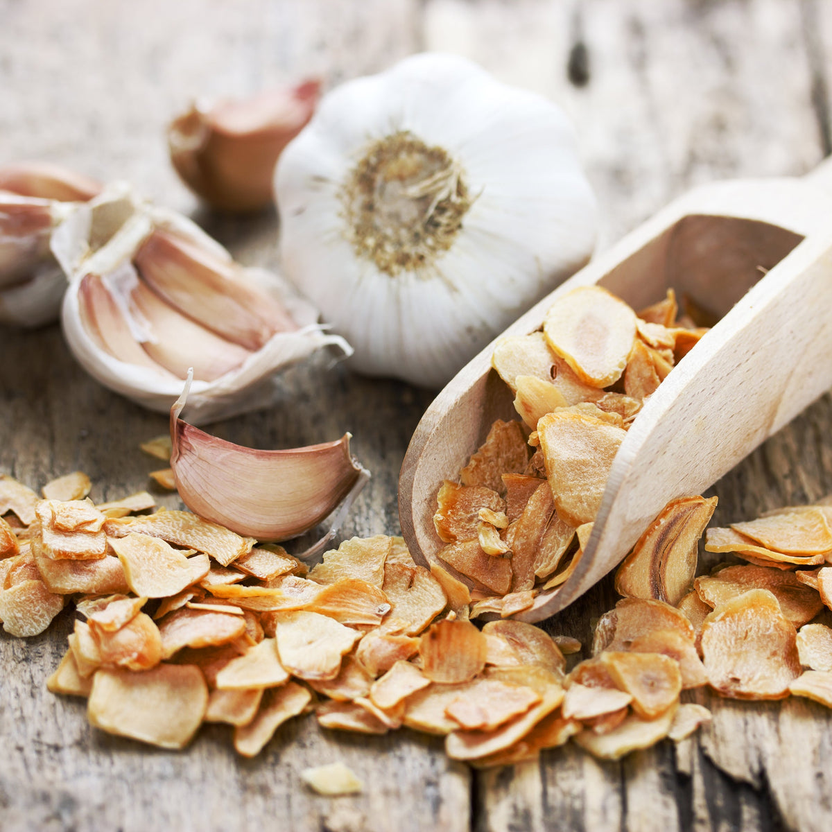 Dried Garlic Flakes Sliced from The Herb Shed Wollongong, Australia, shown beside fresh garlic bulbs and cloves, displaying the dried slices alongside fresh garlic.